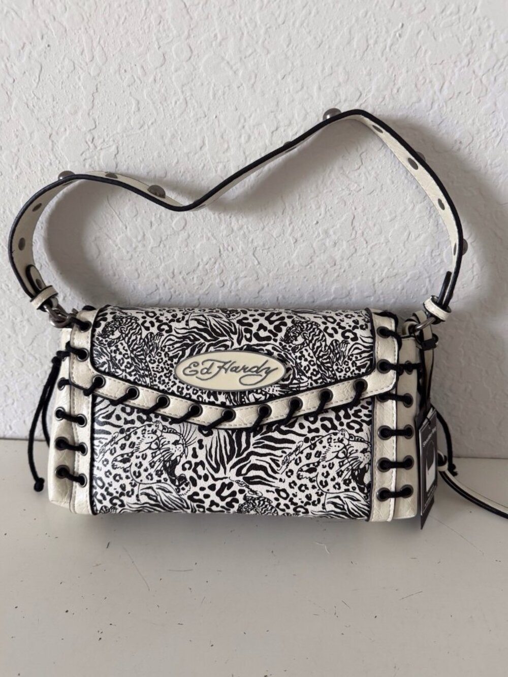 Ed Hardy Black And White Shoulder Bag Purse Tiger Leopard Logo Print VIRAL NEW